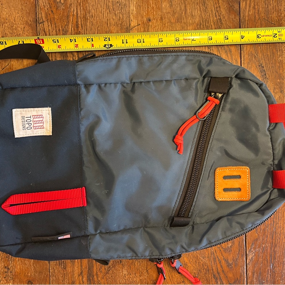 TOPO Designs Light Pack 15L navy Blue with Red pulls & Black YKK zips. Backpack.